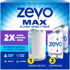 Zevo Flying Insect Indoor Light Fly Trap Starter Kit, Catches House Flies, Fruit Flies, Gnats & More - 1 Device + 2 Cartridges